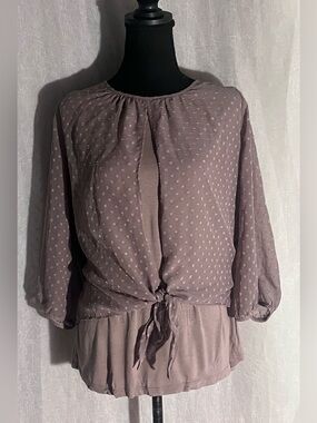 AGB Dusty Mauve Polka Dot Tie-Front Layered Blouse